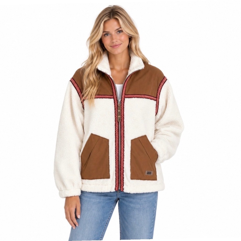 NWOT UGG Sherpa Fleece Full Zip Jacket Brown Cream Embroidered Trim Women Small